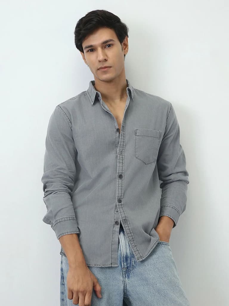 Men's Ice Grey Regular Fit Full Sleeve Solid Denim Shirt — S / Ice Grey