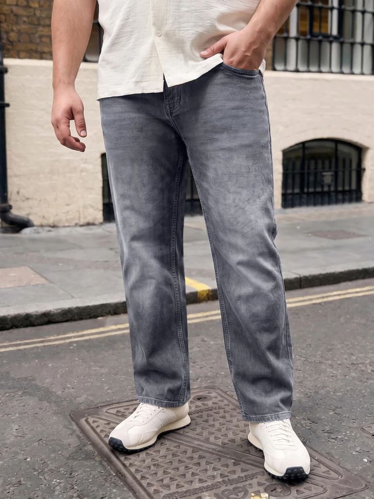 Plus Men's Grey Relaxed Fit Washed Denim Jeans Non-Stretchable — 36 / Grey