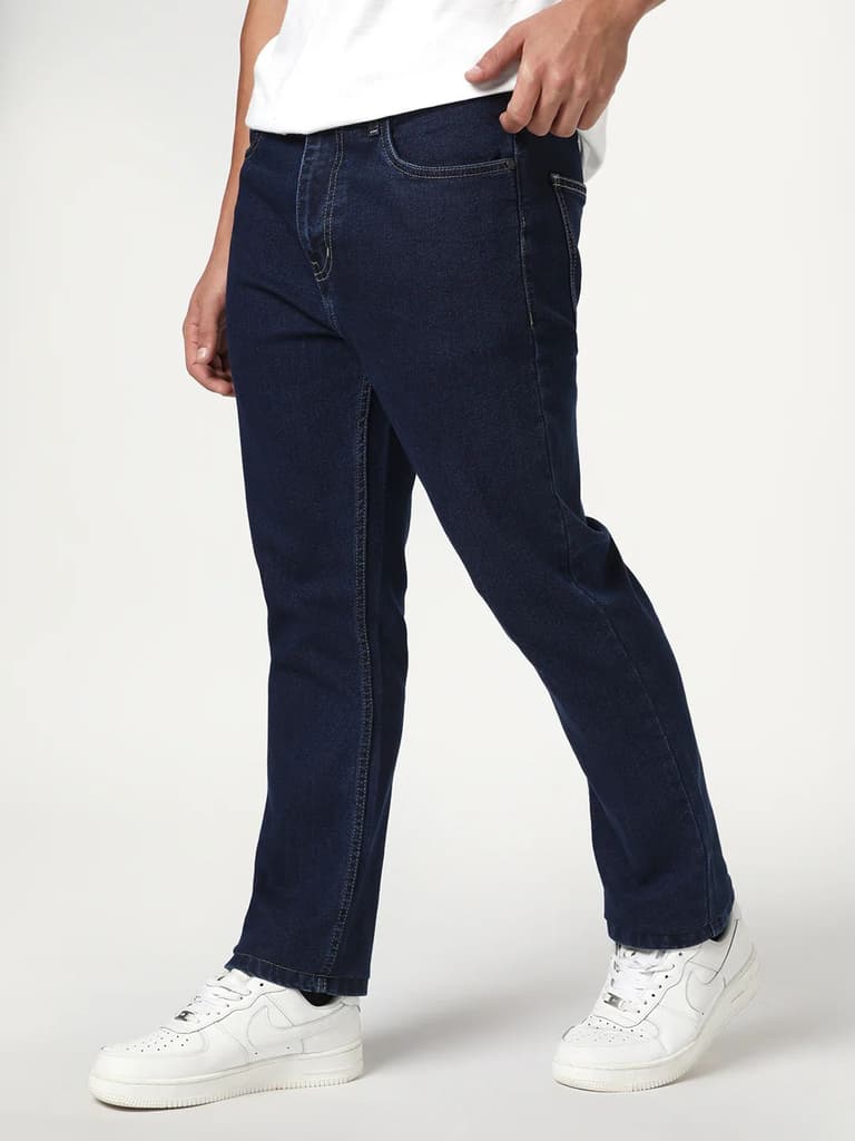 Men's Blue Straight Fit Raw Washed Denim Jeans Stretchable — photo 3