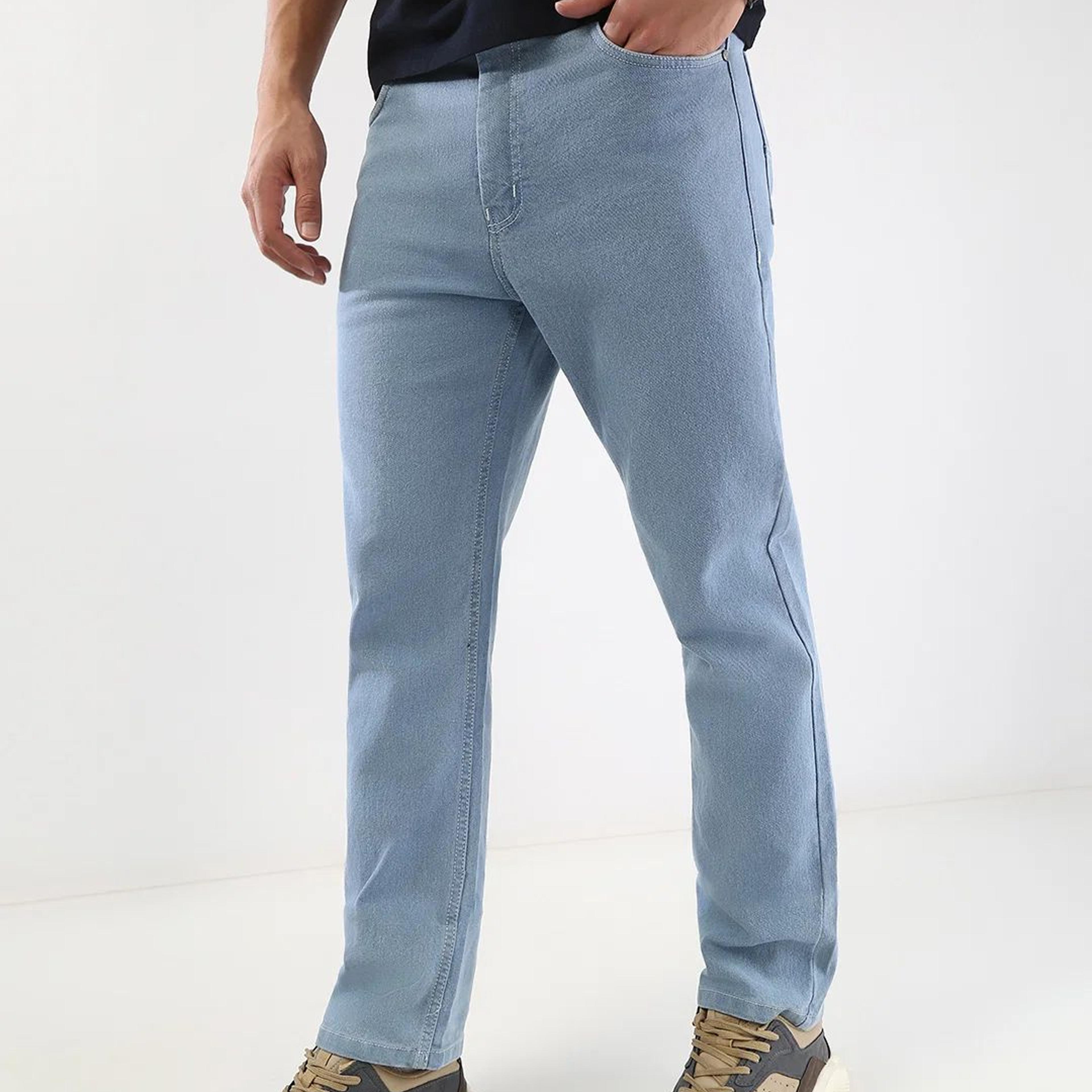 Men's Ice Blue Straight Fit Washed Jeans Stretchable