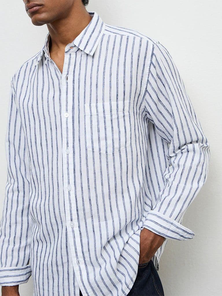 WES Casuals Blue Striped Relaxed-Fit Cotton-Blend Shirt — photo 3