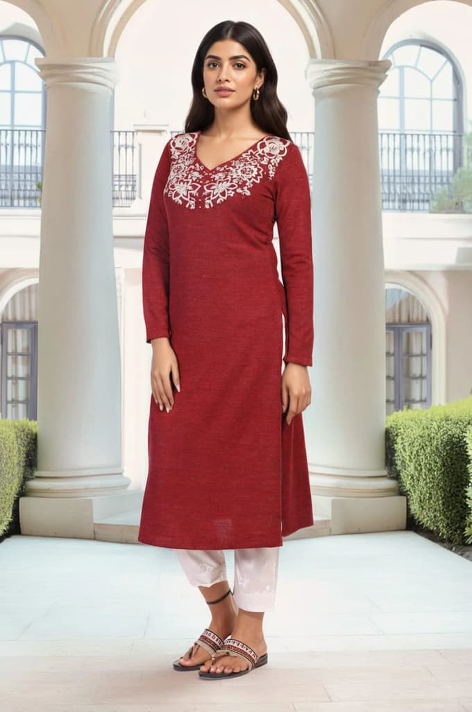 Maroon Embroidered A-Line Acrylic Winter Kurta — photo 6