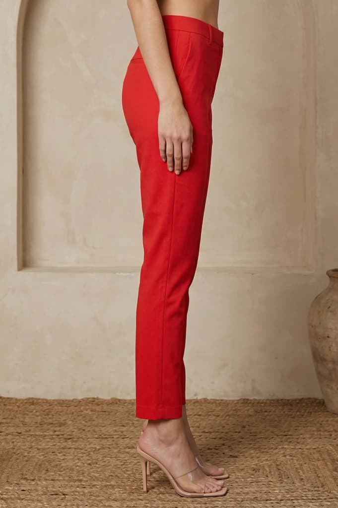Red Solid Cotton Blend Slim Fit Ankle Length Trousers — photo 6