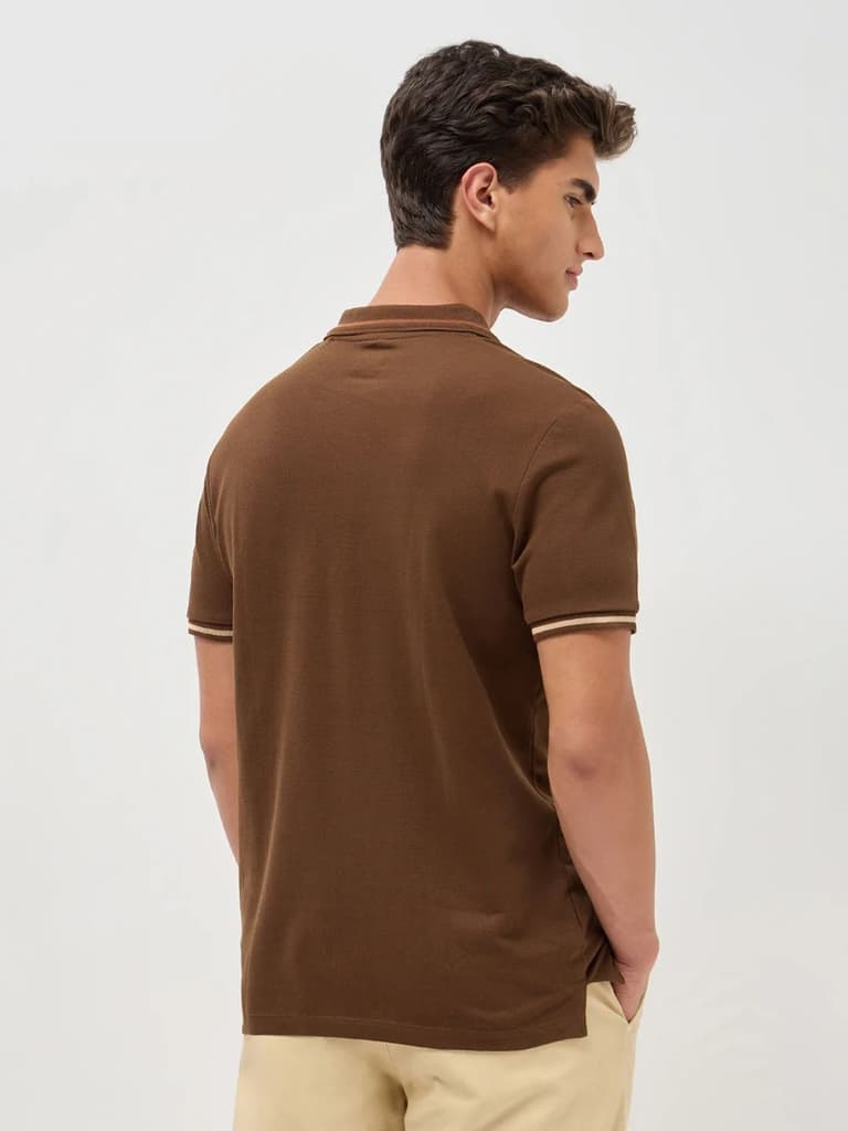 Men's Dark Brown Solid Regular Fit Half Sleeve Cotton Polo T-Shirt — photo 3