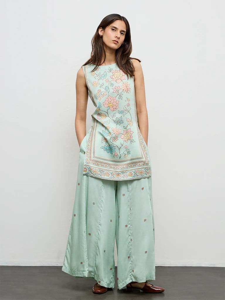 Zuba Aqua Floral Printed Straight Kurta