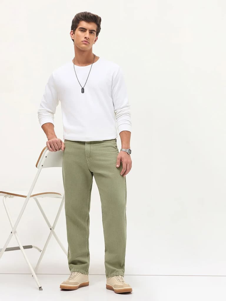 Men's Sage Green Loose Baggy Fit Washed Denim Jeans Non-Stretchable — photo 4