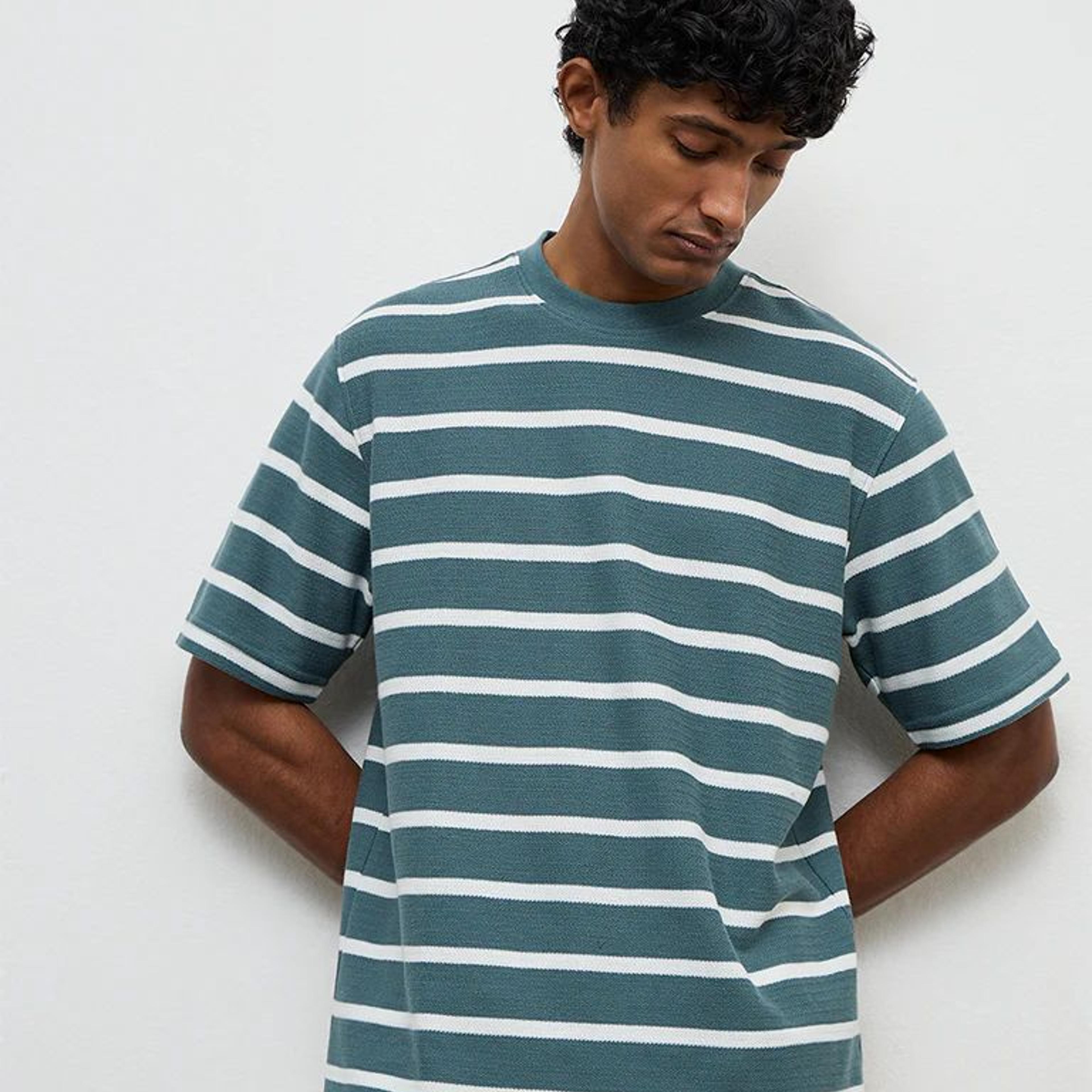 WES Lounge Teal Striped Relaxed-Fit Cotton T-Shirt