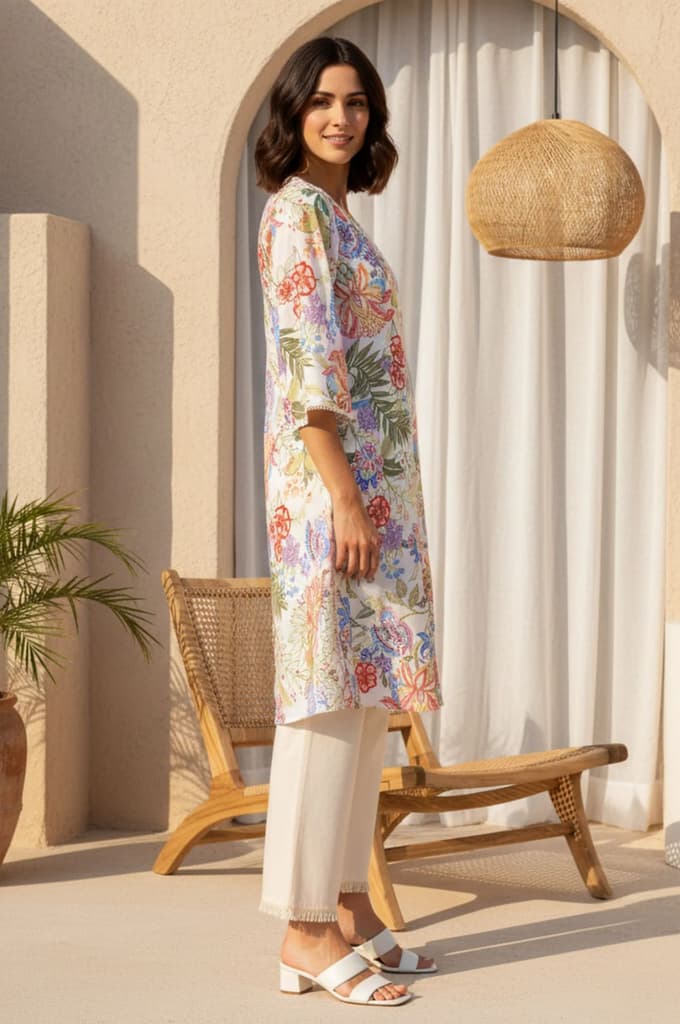 Off White Floral Printed Pure Cotton Straight Kurta with Lace — photo 5