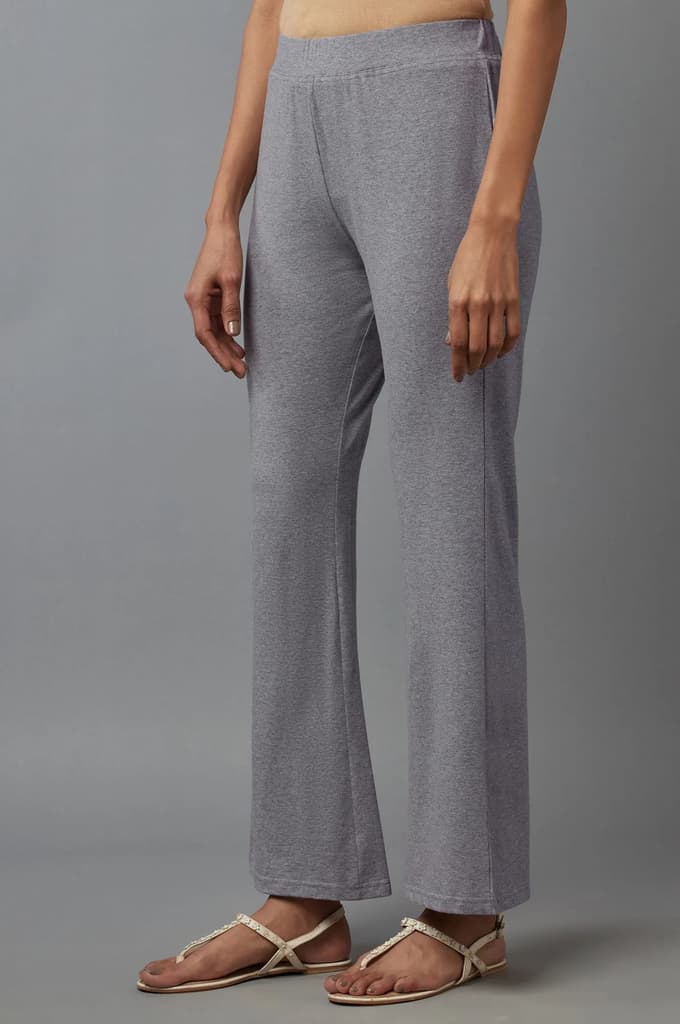 Grey Solid Flared Cotton Pants With Slip On Closure — photo 5