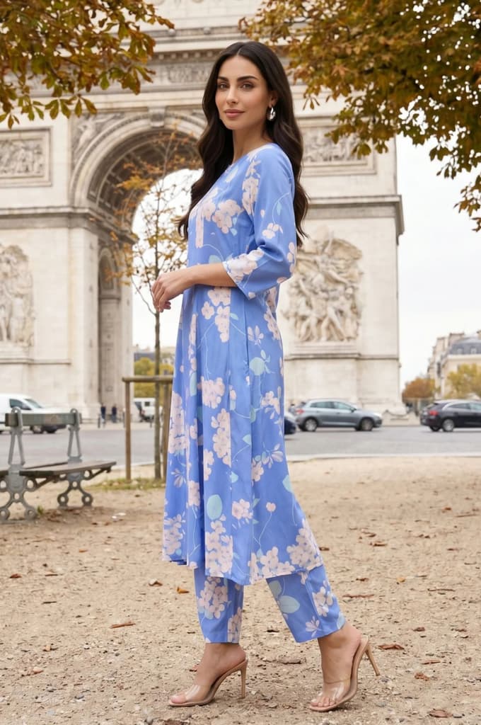 Blue Floral Printed Cotton Flax Flared Kurta — photo 4