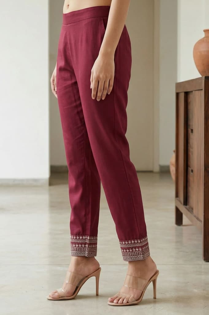 Burgundy Ethnic Motifs Foil Printed Ankle Length Tapered Trousers — photo 2
