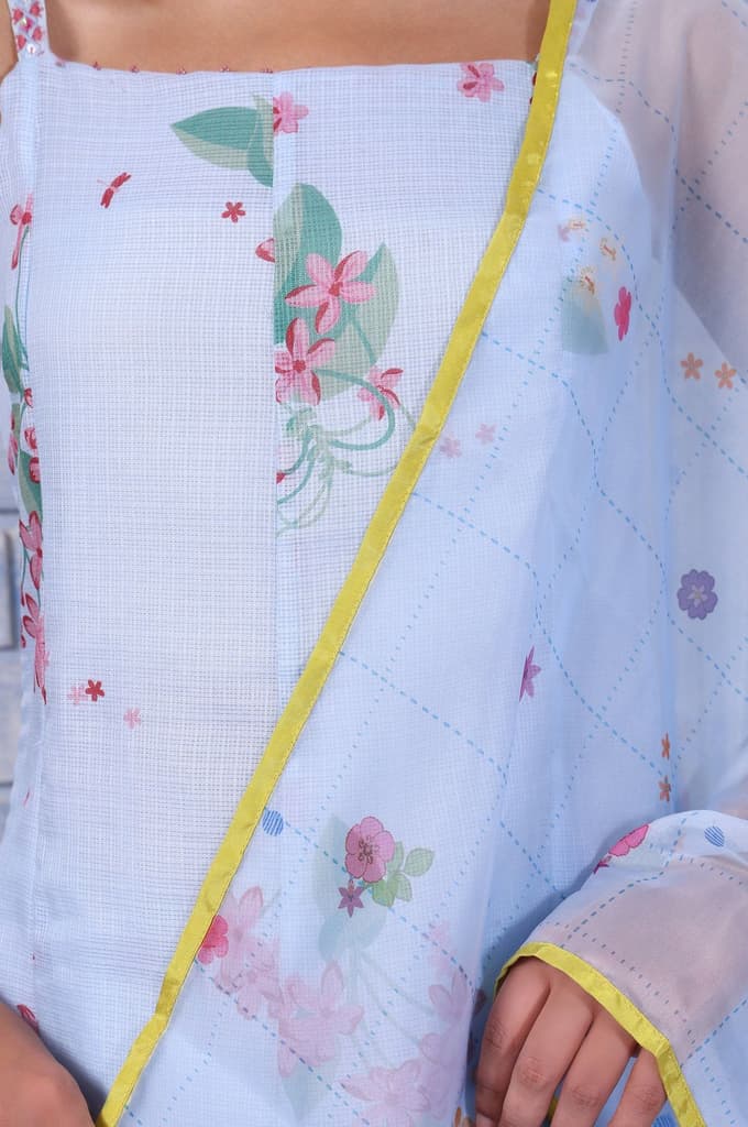 Blue Floral Printed Thread Embroidered Kota Flared Kurta, Flared Pant And Dupatta Set — photo 3