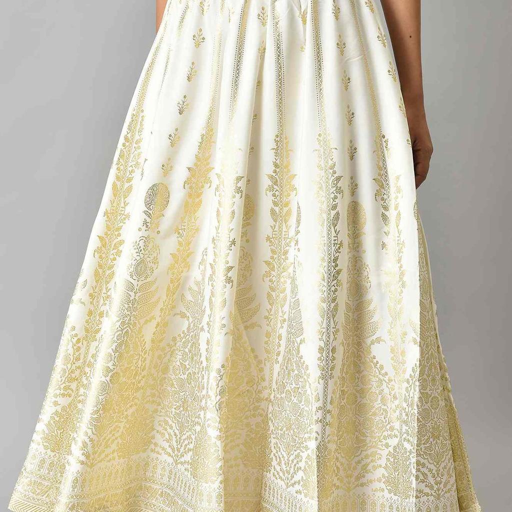 White Floral Printed Flared Woven Skirt With Elasticated Waist