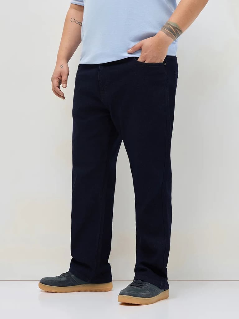 Plus Men's Dark Blue Straight Fit Raw Washed Denim Jeans Stretchable — photo 2