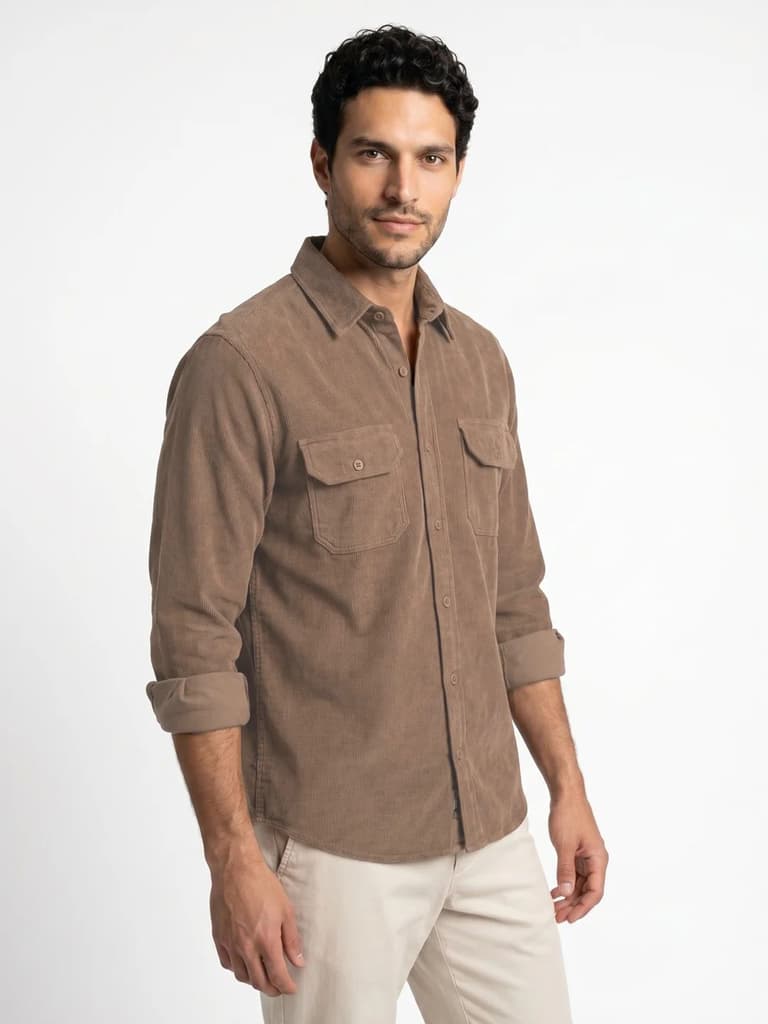 Men's Taupe Corduroy Full Sleeve Regular Fit Solid Overshirt with Utility Pockets — photo 2