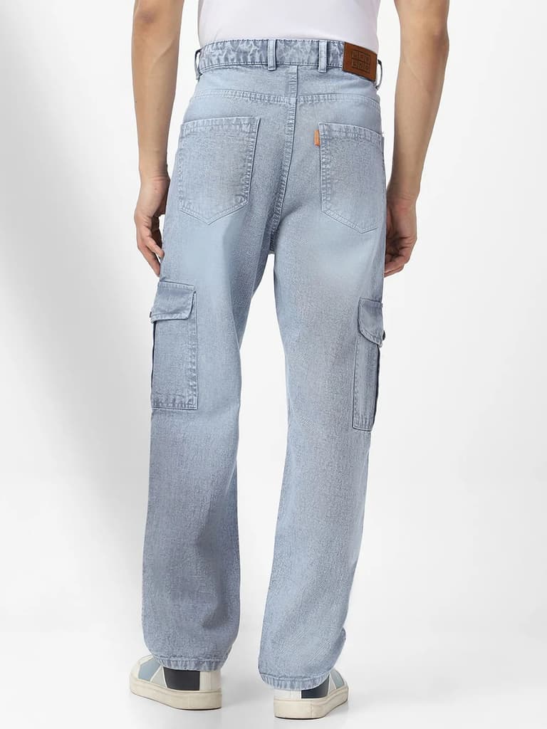 Men's Light Grey Loose Fit Cargo Jeans With 6 Pockets Non Stretchable — photo 3