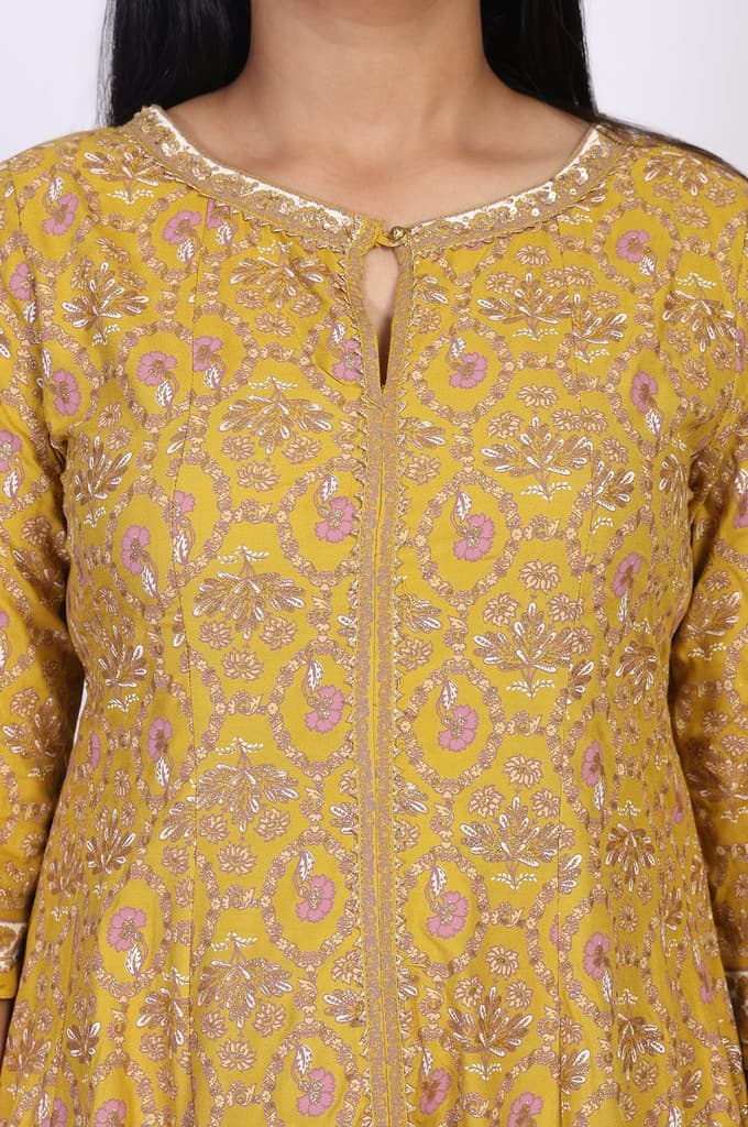 Mustard Floral Printed Anarkali Rayon Kurta — photo 3