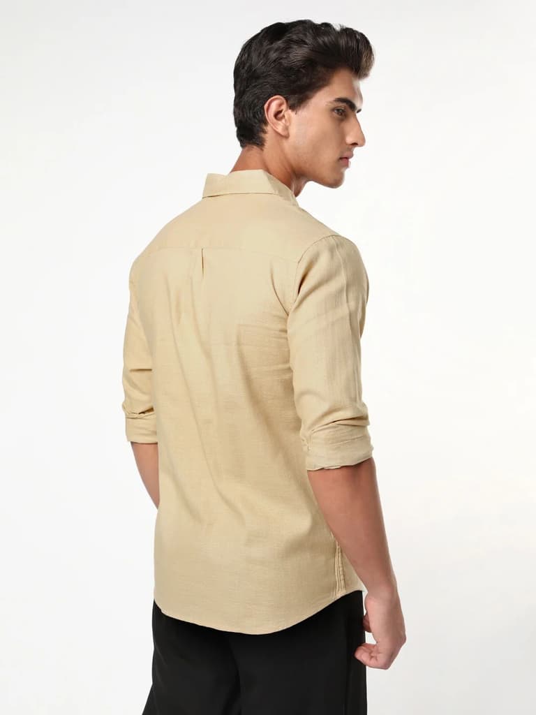 Men's Beige Linen Blend Full Sleeve Relaxed Fit Casual Solid Shirt — photo 3