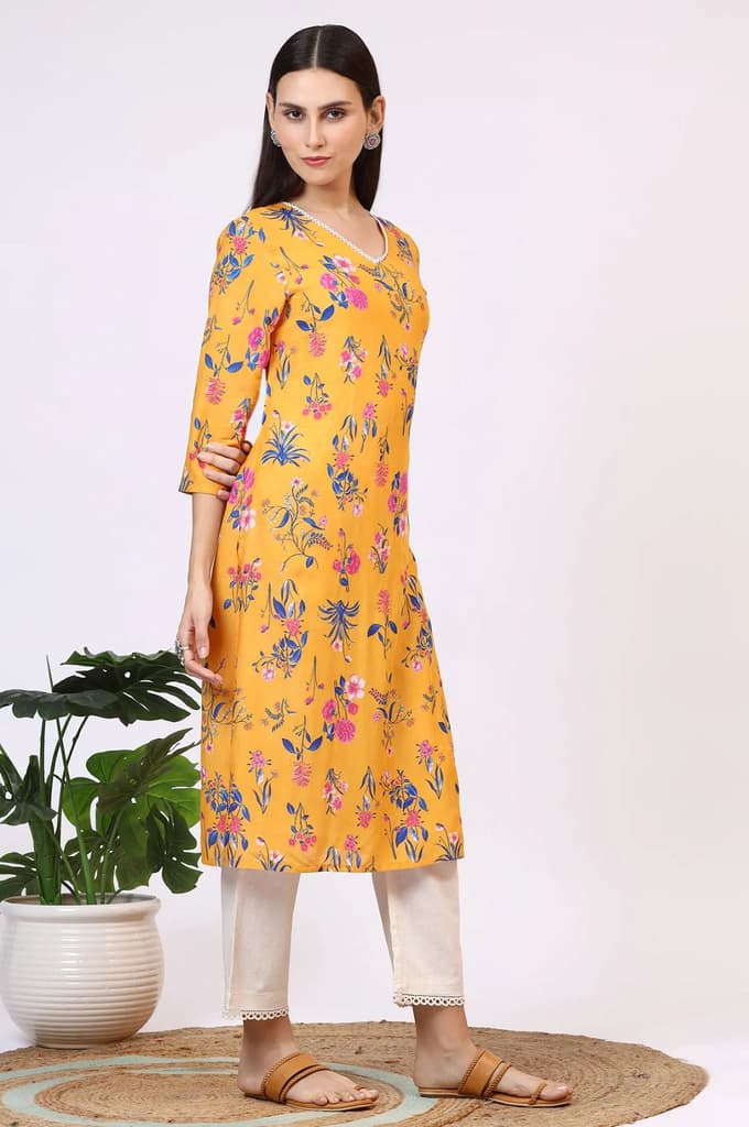 Yellow Floral Printed Modal Straight Kurta with Lace — photo 7