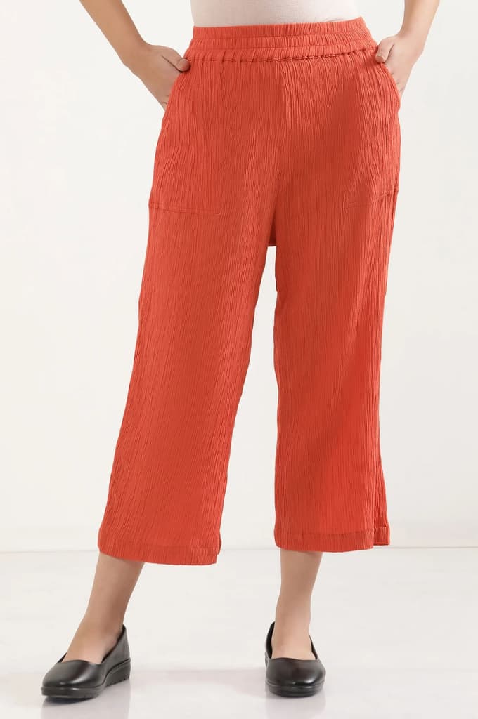 Rust Solid Wide Leg Rayon Culottes With Elasticated Waist — photo 2