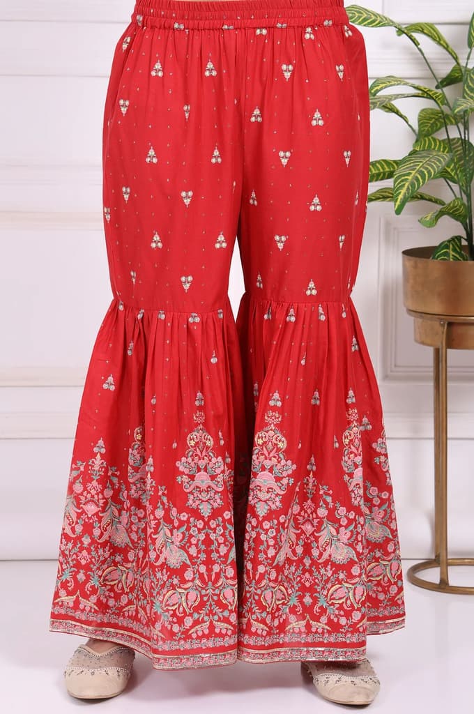 Red Floral Printed Embroidered Straight Cotton Kurta with Sharara and Dupatta Set — photo 8