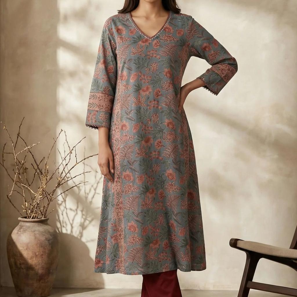 Blue Floral Printed Block Print Mirror work Pure Cotton A-line Kurta
