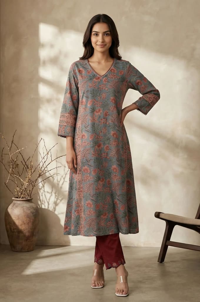 Blue Floral Printed Block Print Mirror work Pure Cotton A-line Kurta — XS