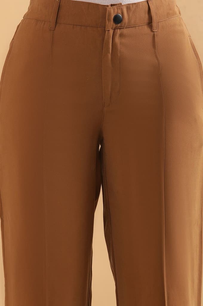 Brown Solid Straight Fit Rayon Pants With Pintuck Detail — photo 6