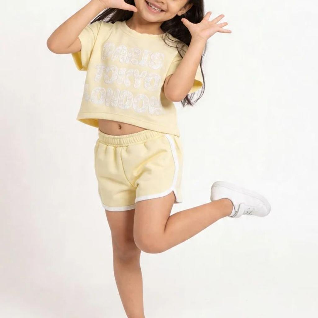 HOP Kids Girls Butter Yellow Graphic Print T-Shirt and Shorts Set