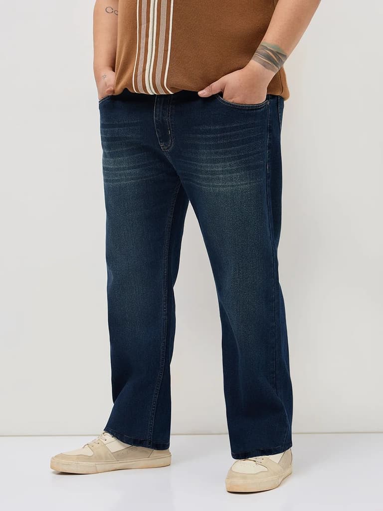 Plus Men's Blue Regular Fit Whisker Washed Yellow Tint Denim Jeans Stretchable — photo 2
