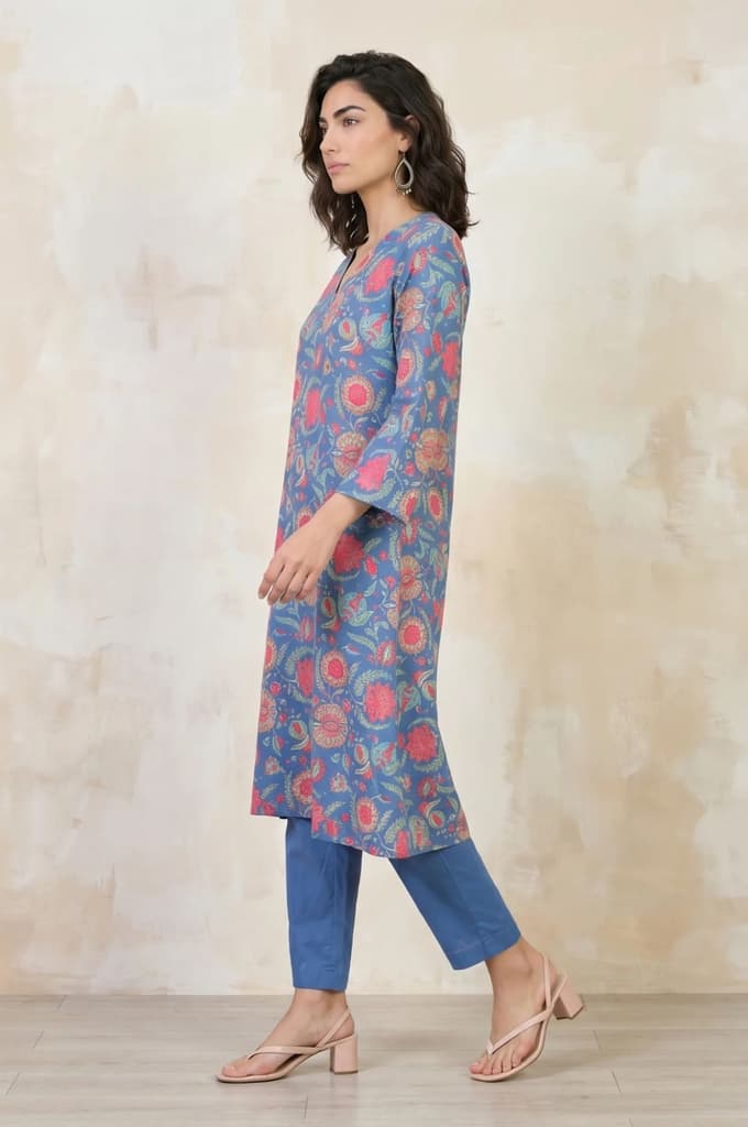 Blue Floral Printed Pure Cotton Straight Kurta — photo 4