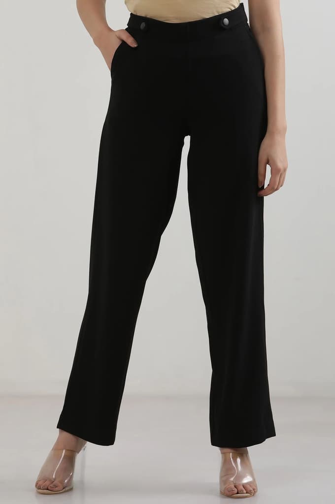 Black Solid Straight Fit Woven Pants With Zipper Closure — photo 3