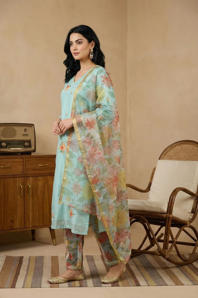 Aqua Blue Thread Embroidered Chanderi Straight Kurta with Pants and Dupatta Set — photo 6