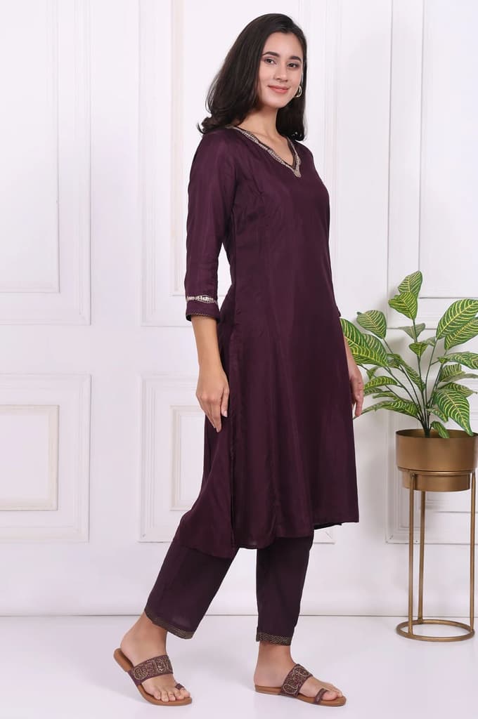 Maroon Embroidered Silk Straight Kurta, Pants and Dupatta Set — photo 6