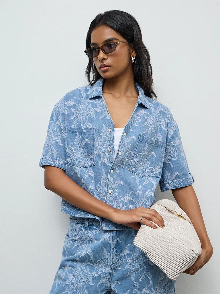 LOV Blue Floral Embroidered Denim Shirt — photo 2