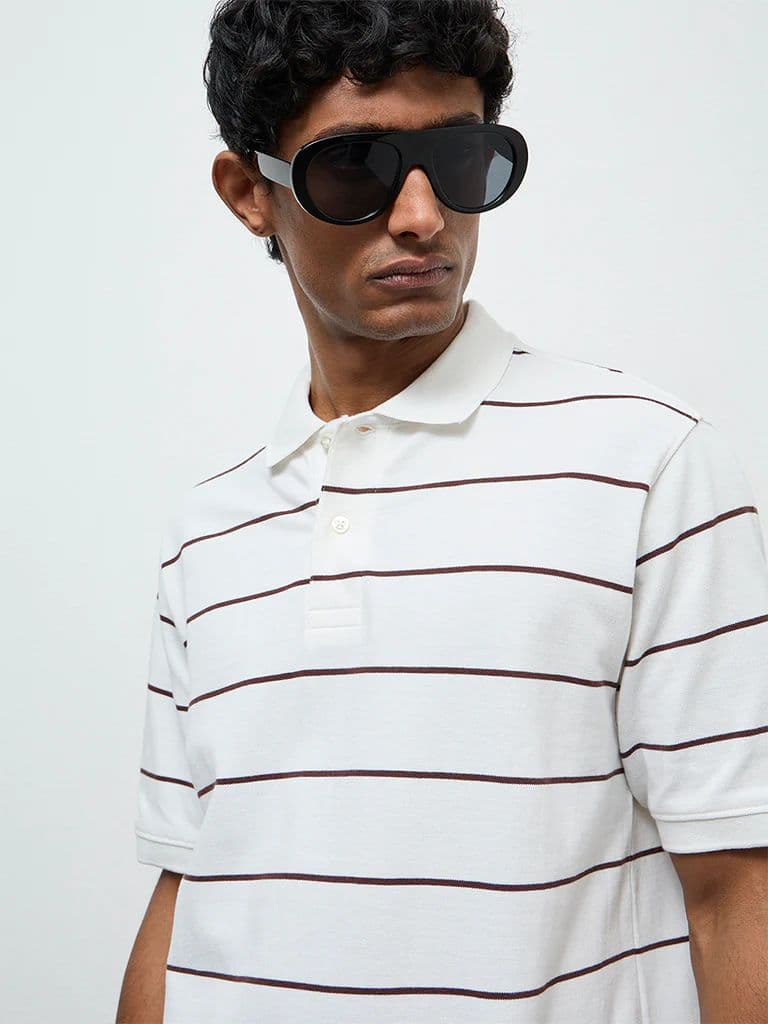 WES Casuals Off-White Striped Relaxed-Fit Cotton Polo T-Shirt — photo 3