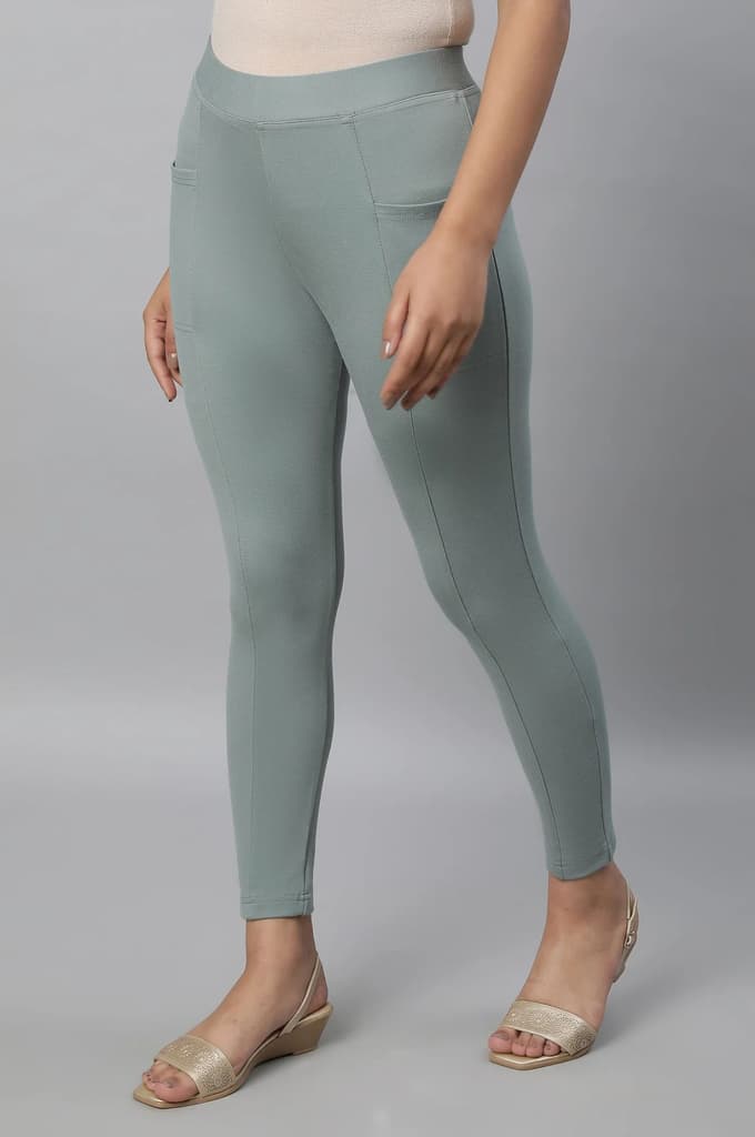 Green Solid Skinny Fit Yoga Tights With Elasticated Waistband — photo 3