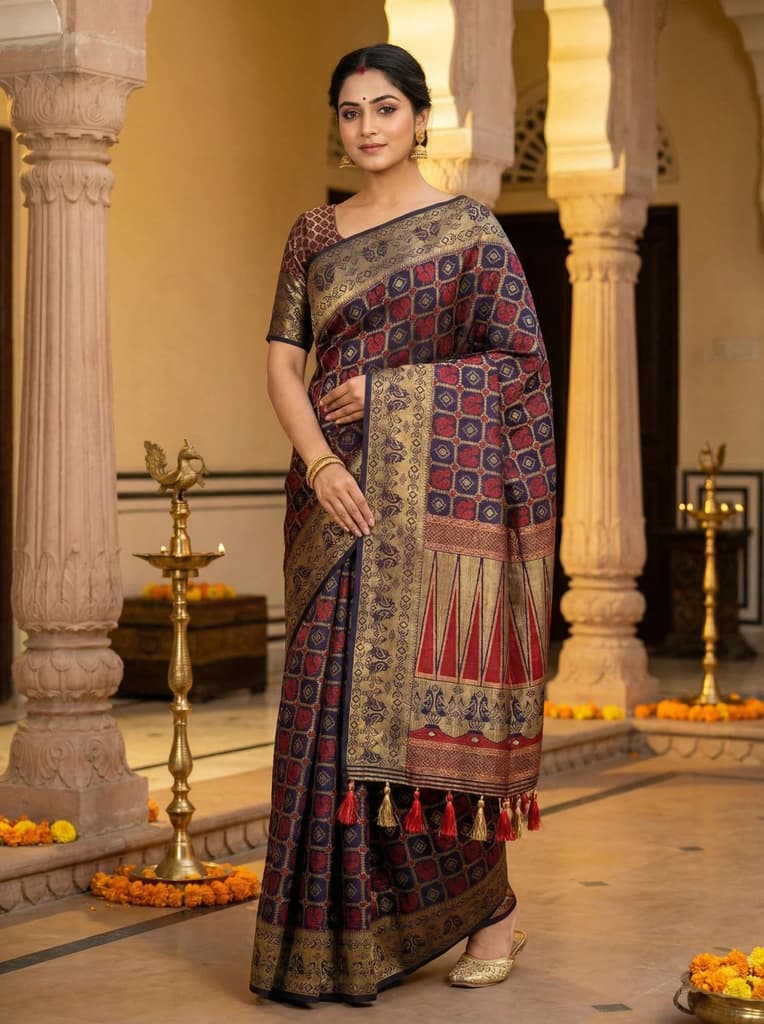 MIMOSA Women's Woven Design Patola Style Raw Silk Saree with Blouse Piece - Navy ( SA00003139NVFREE ) — photo 2