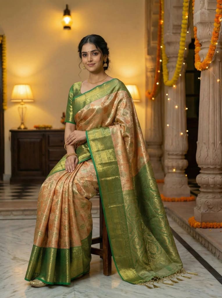 MIMOSA Women's Woven Design Kanjivaram Style Tissue Art Silk Saree with Blouse Piece - Orange ( SA00002922ORFREE ) — photo 4
