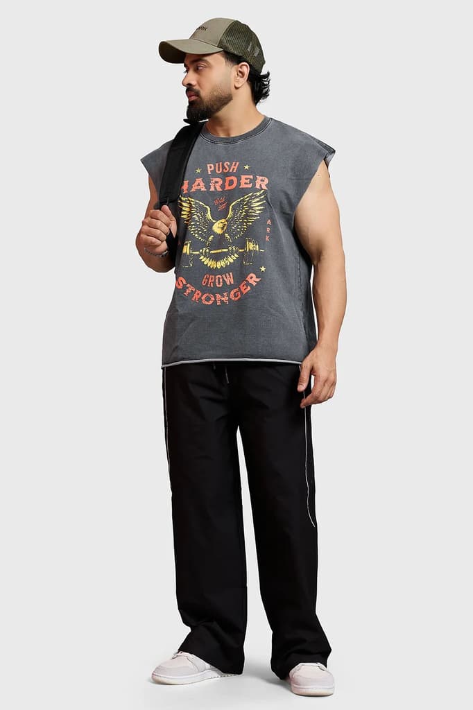 Push Harder Washed Capsleeves Tank Dark Grey — XS