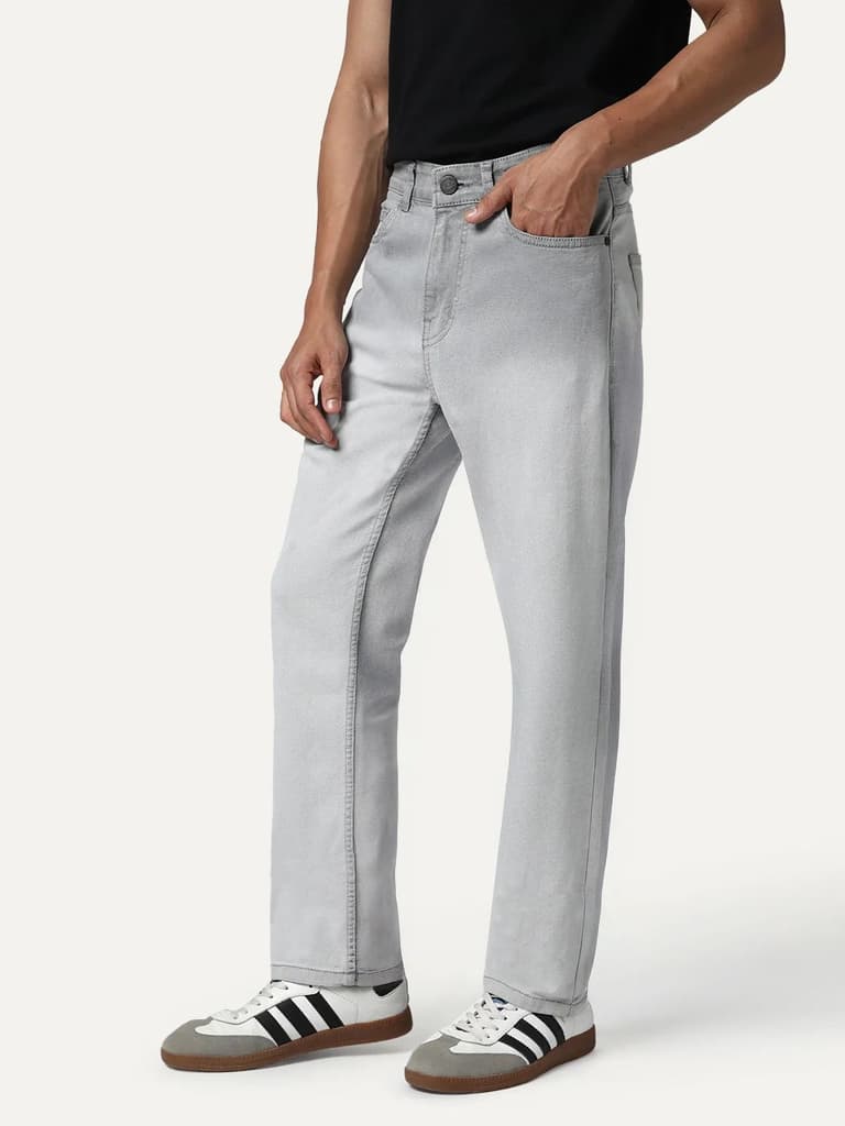 Men's Ice Grey Straight Fit Heavy Washed Faded Denim Jeans Stretchable — photo 3