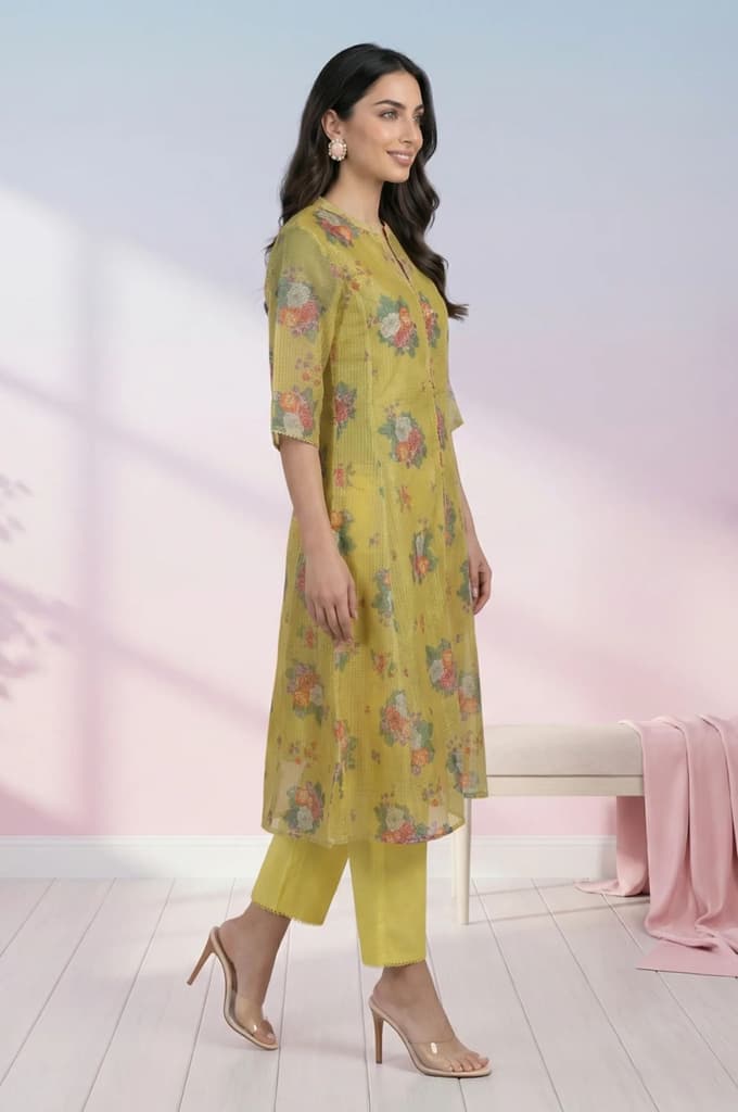Yellow Floral Printed Kota Straight Kurta — photo 6