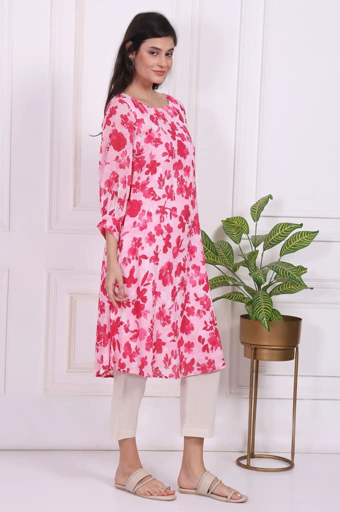 Pink Floral Printed Cotton Crepe Curved A-line Kurta — photo 6