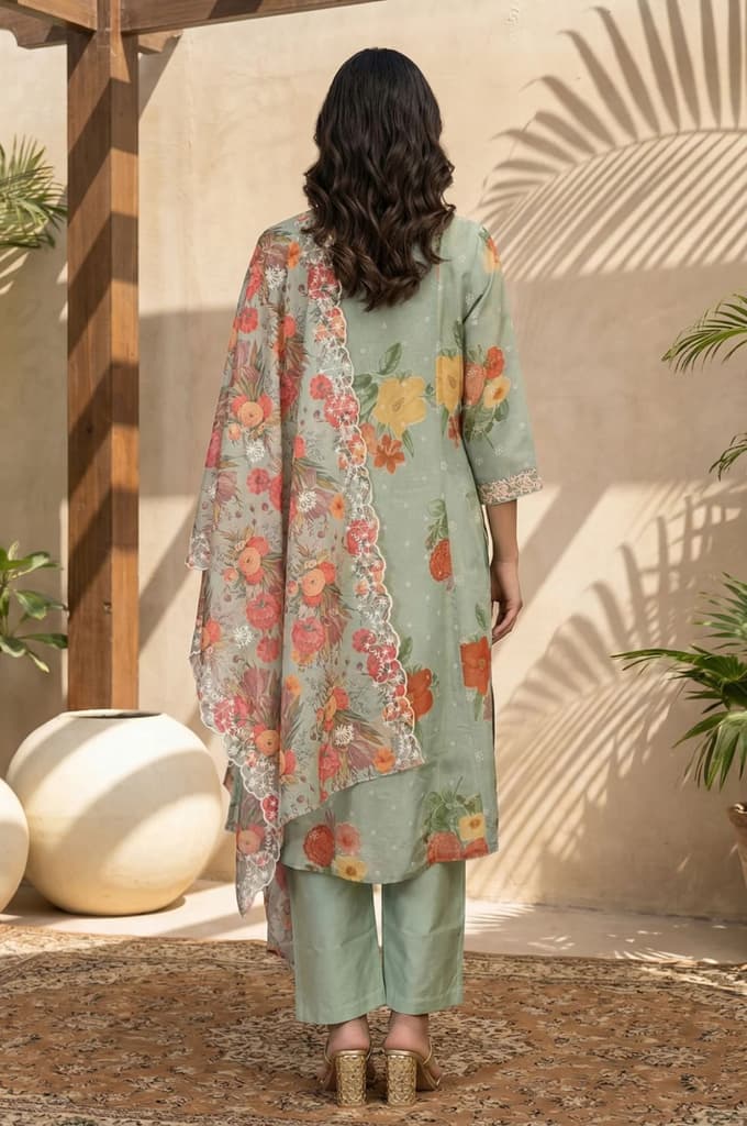 Green Floral Embroidered Straight Kurta with Pants and Dupatta Set — photo 4