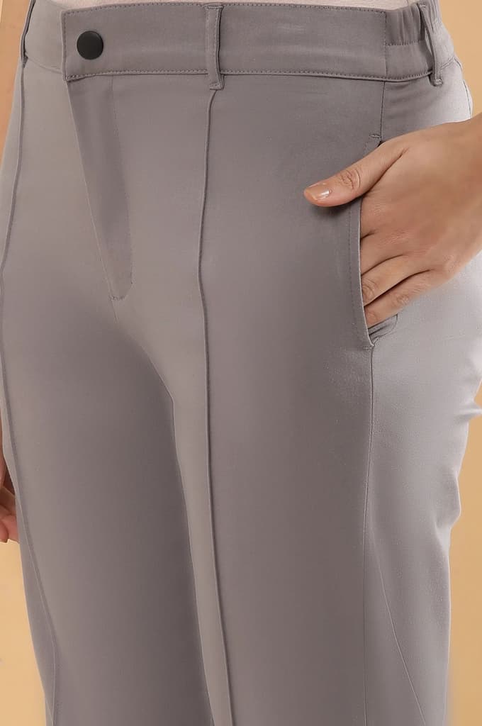 Grey Solid Straight Fit Cotton Pants With Pintuck Detail — photo 7
