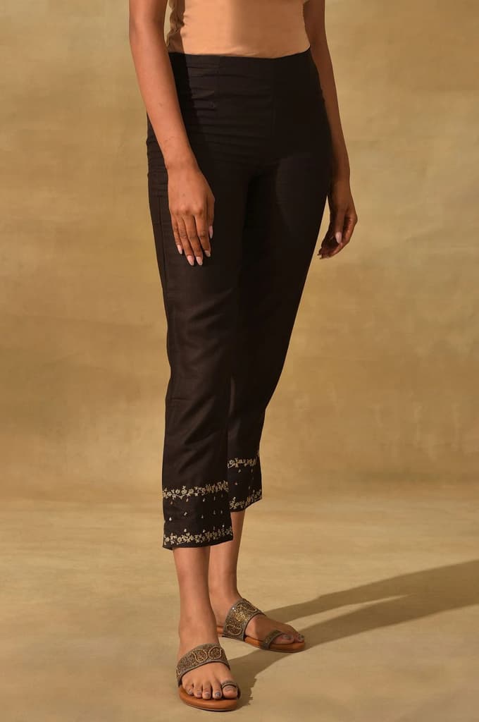 Brown Embroidered Viscose Silk Tussar Slim Pants — photo 5