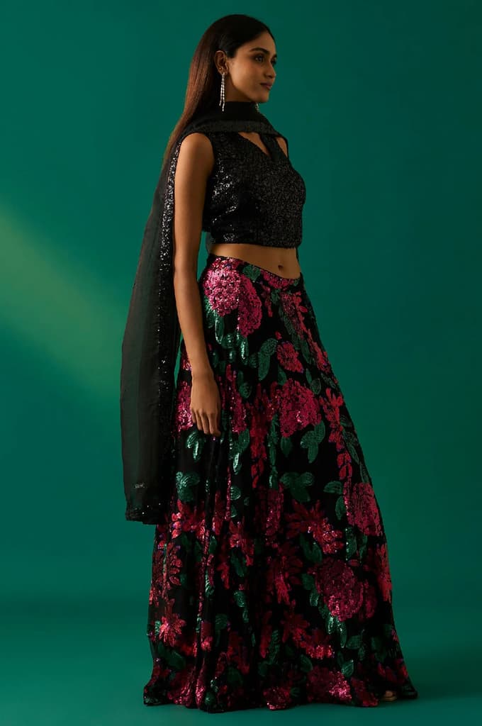 Black Sequin Embellished Straight Blouse with Skirt and Dupatta Set — photo 5