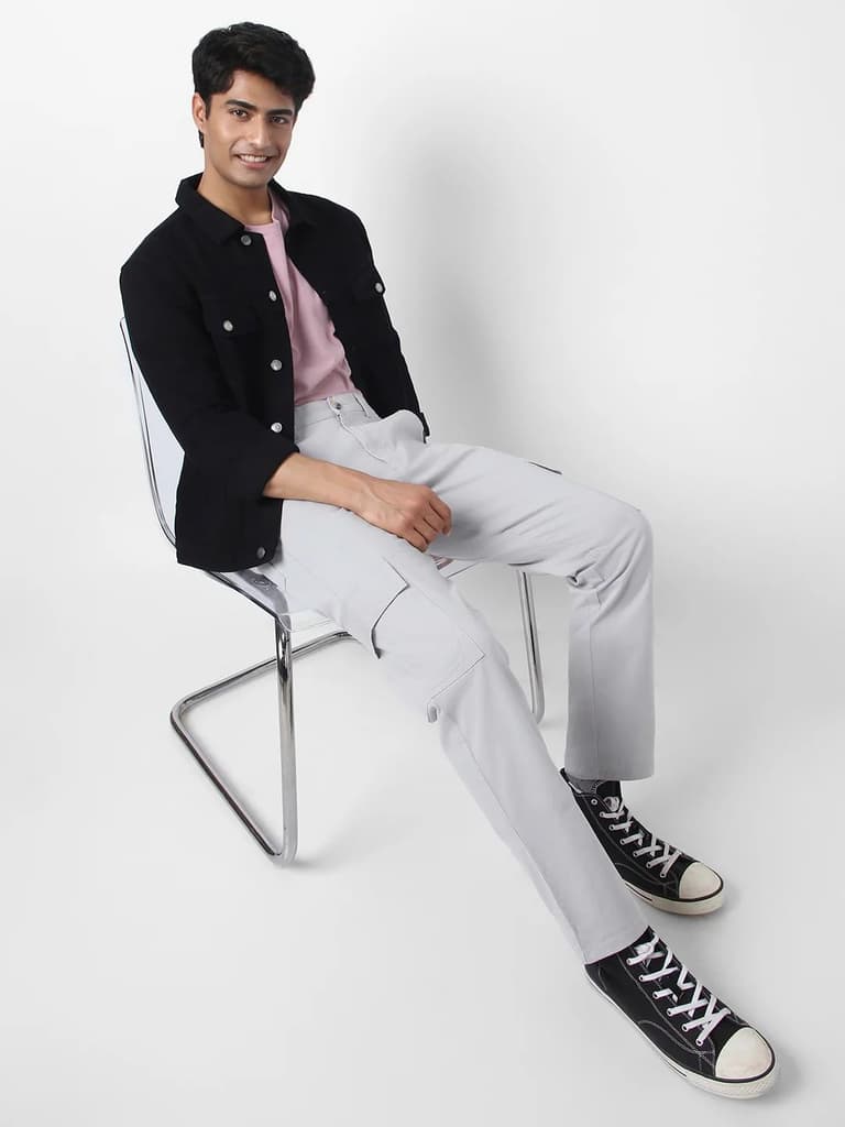 Men's Ice Grey Regular Fit Solid Cargo Chino Pant with 6 Pockets Stretchable — photo 4