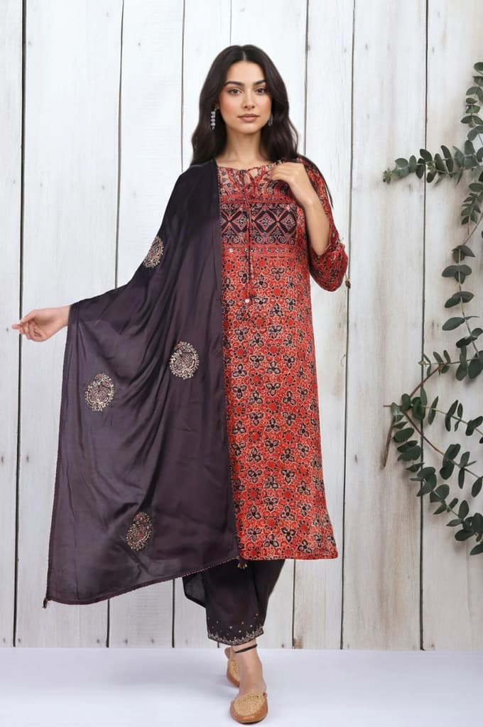 Maroon Embroidered Satin Dupatta — photo 4