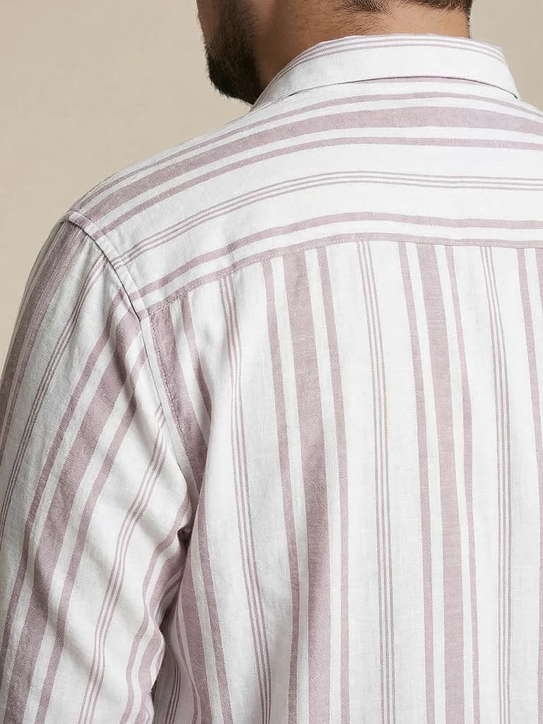 Plus Men's Lilac Cotton Full Sleeve Relaxed Fit Linen Striped Shirt with Spread Collar — photo 5